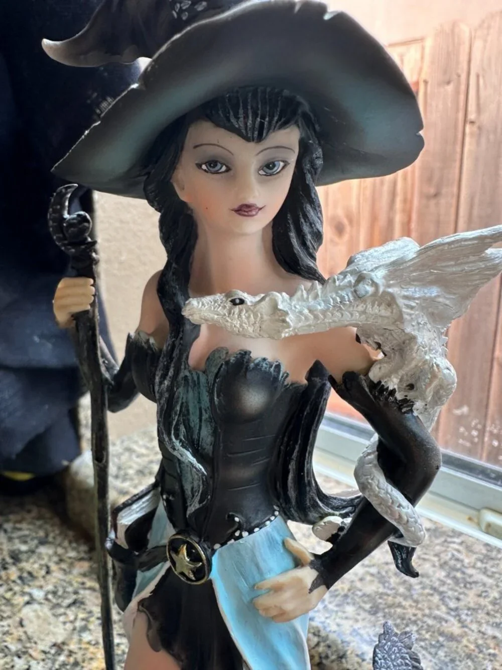 Gothic Fantasy Sorceress Statue Witch Resin Figurine with White Dragon & Ravens